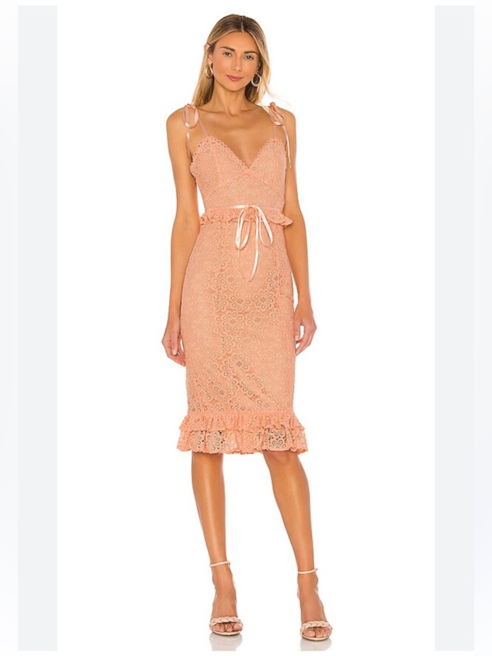 MAJORELLE, XS, Ellington Midi Dress in
Peach from Revolve